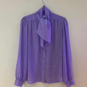 Vintage lavender waffle chiffon blouse with self tie neckline. Size 12